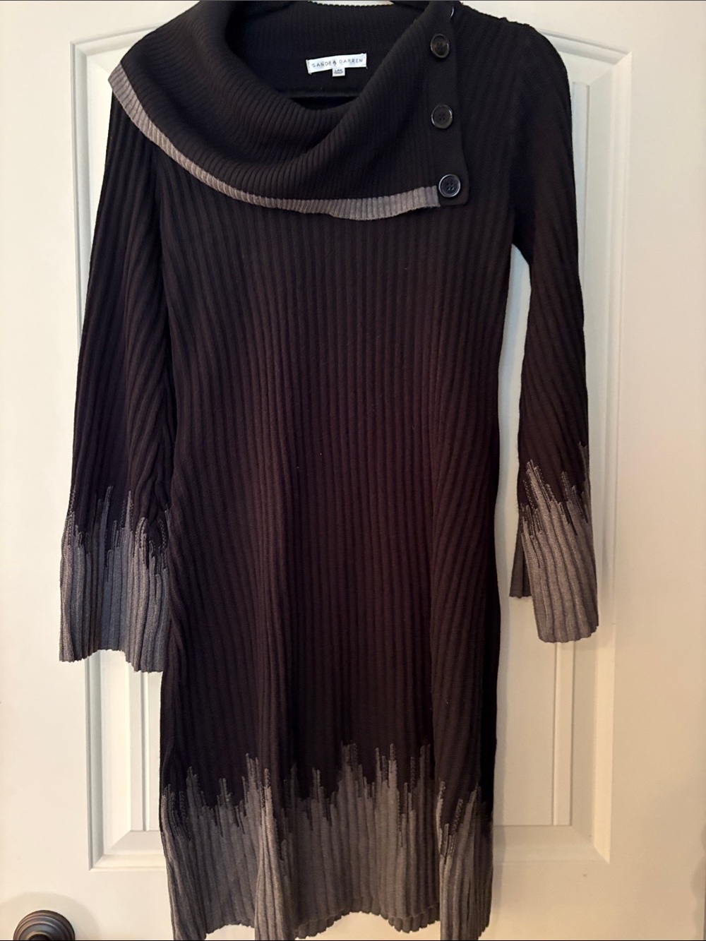 Sandra Darren Sweater DressBlack Ribbed Long-Sleeve with Gray Dip-Dye Trim